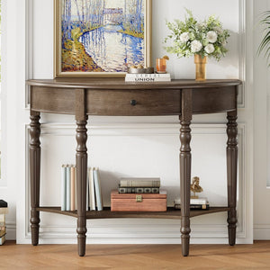 English Elm Trexm Half Moon Farmhouse Entryway Table Distressed Pine Legs Drawer Open Shelf N715P383795N