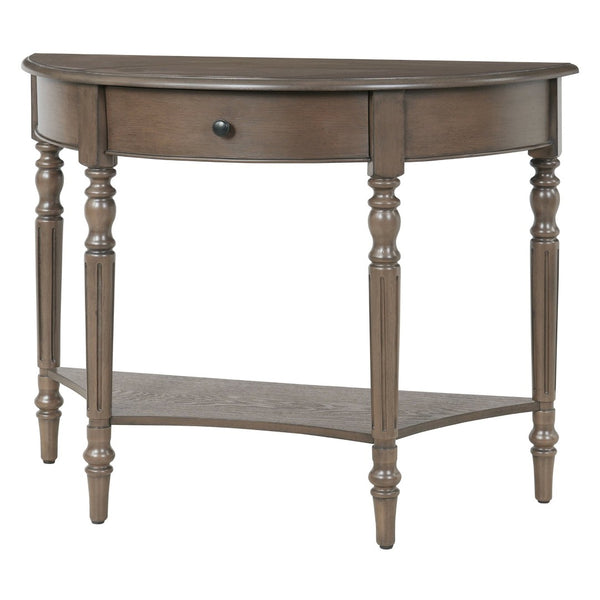 English Elm Trexm Half Moon Farmhouse Entryway Table Distressed Pine Legs Drawer Open Shelf N715P383795N