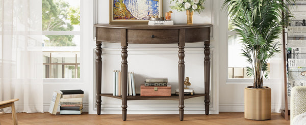 English Elm Trexm Half Moon Farmhouse Entryway Table Distressed Pine Legs Drawer Open Shelf N715P383795N