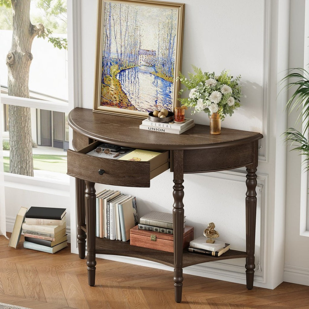 English Elm Trexm Half Moon Farmhouse Entryway Table Distressed Pine Legs Drawer Open Shelf N715P383795N