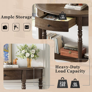 English Elm Trexm Half Moon Farmhouse Entryway Table Distressed Pine Legs Drawer Open Shelf N715P383795N