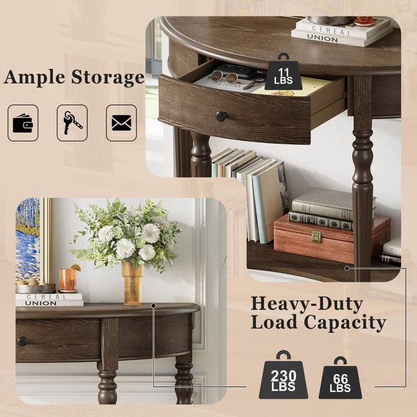 English Elm Trexm Half Moon Farmhouse Entryway Table Distressed Pine Legs Drawer Open Shelf N715P383795N