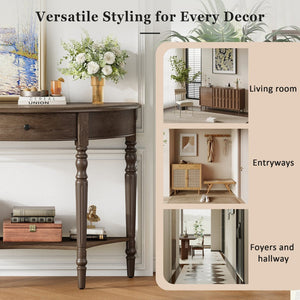 English Elm Trexm Half Moon Farmhouse Entryway Table Distressed Pine Legs Drawer Open Shelf N715P383795N