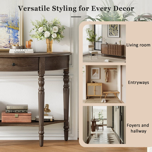 English Elm Trexm Half Moon Farmhouse Entryway Table Distressed Pine Legs Drawer Open Shelf N715P383795N