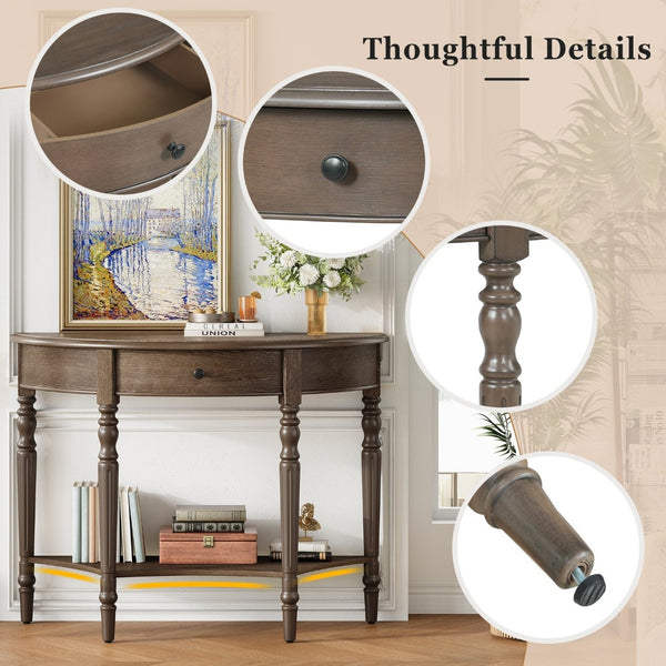 English Elm Trexm Half Moon Farmhouse Entryway Table Distressed Pine Legs Drawer Open Shelf N715P383795N