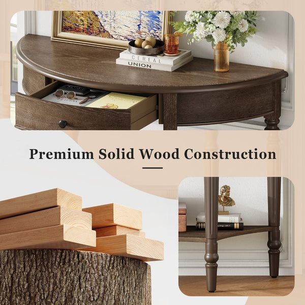 English Elm Trexm Half Moon Farmhouse Entryway Table Distressed Pine Legs Drawer Open Shelf N715P383795N
