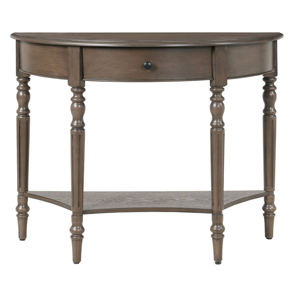 English Elm Trexm Half Moon Farmhouse Entryway Table Distressed Pine Legs Drawer Open Shelf N715P383795N