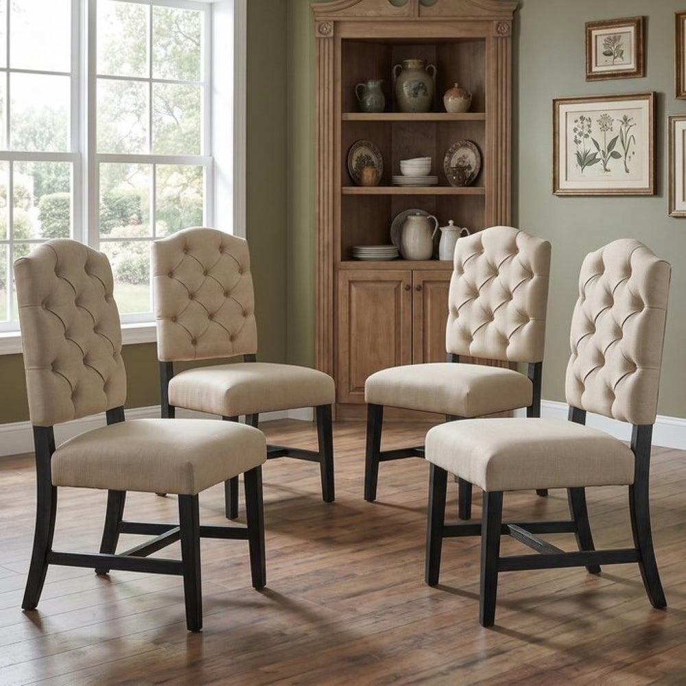 English Elm Trexm Tufted Button Retro Rubberwood Upholstered Dining Chair Set of 4 Curved Backrest Off White N715P390429D-4