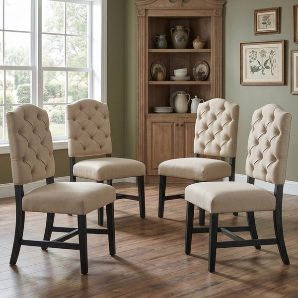 English Elm Trexm Tufted Button Retro Rubberwood Upholstered Dining Chair Set of 4 Curved Backrest Espresso N715P390429P-4
