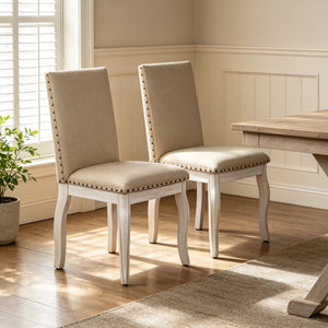 English Elm Trexm High Back Upholstered Dining Chairs with Nailhead Trim Rubberwood Legs Set of 2 Antique White N715P390431D