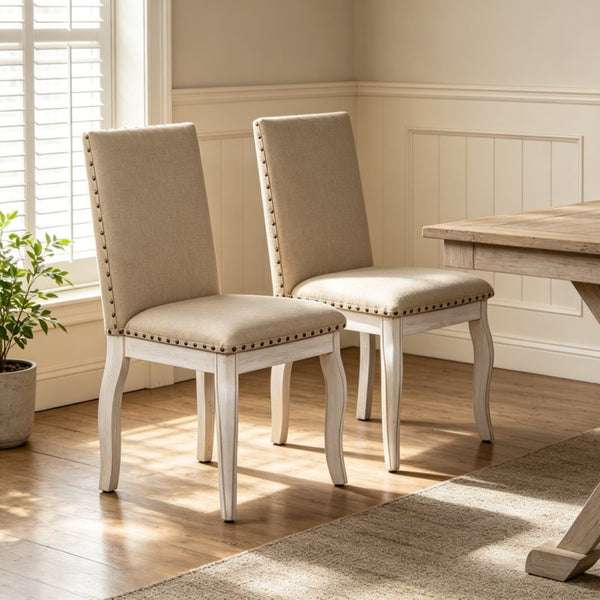English Elm Trexm High Back Upholstered Dining Chairs with Nailhead Trim Rubberwood Legs Set of 2 Antique White N715P390431D