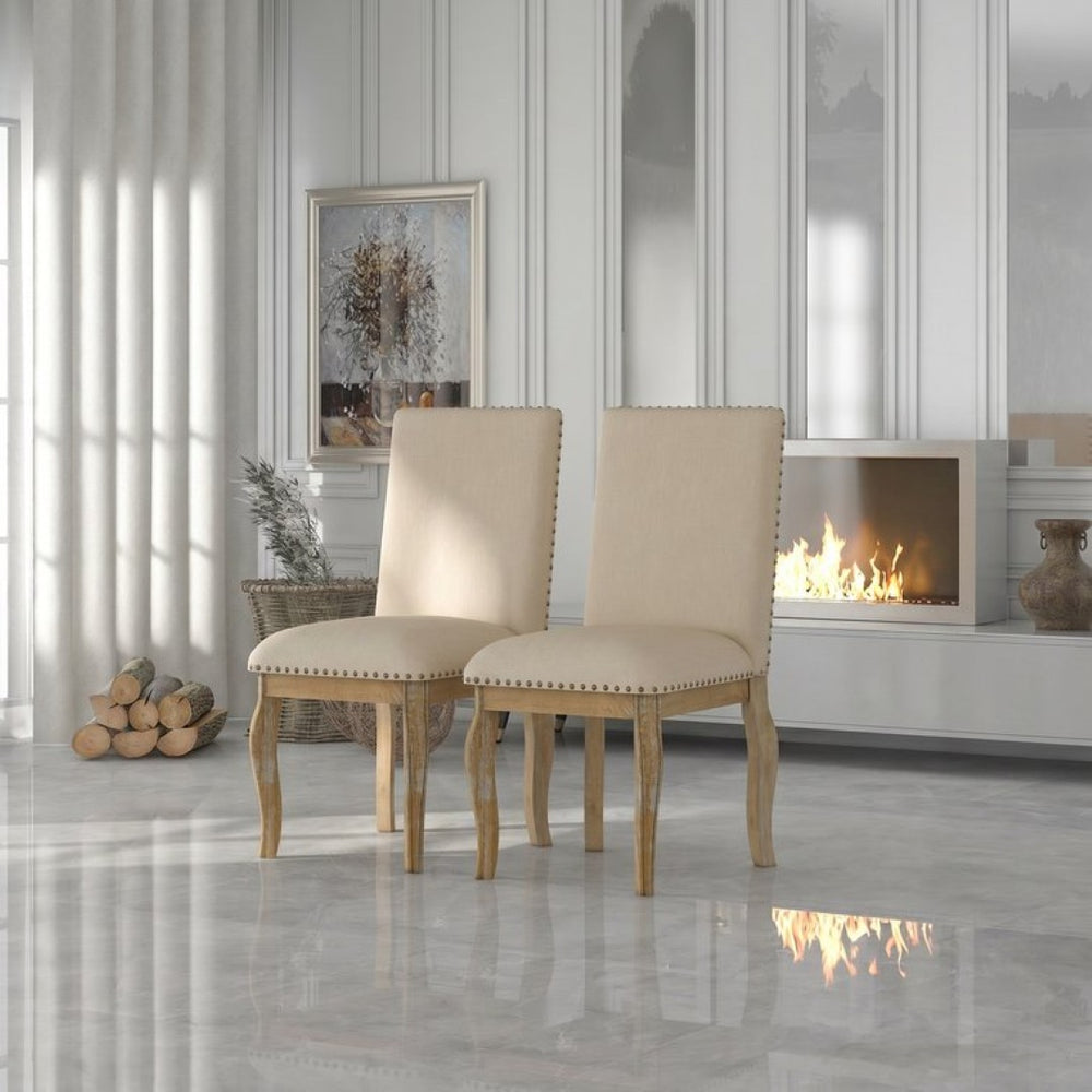 English Elm Trexm High Back Upholstered Dining Chairs with Nailhead Trim Rubberwood Legs Set of 2 Natural Wood Wash N715P390431E