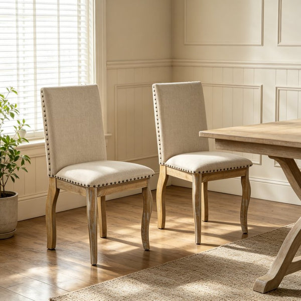 English Elm Trexm High Back Upholstered Dining Chairs with Nailhead Trim Rubberwood Legs Set of 2 Natural Wood Wash N715P390431E