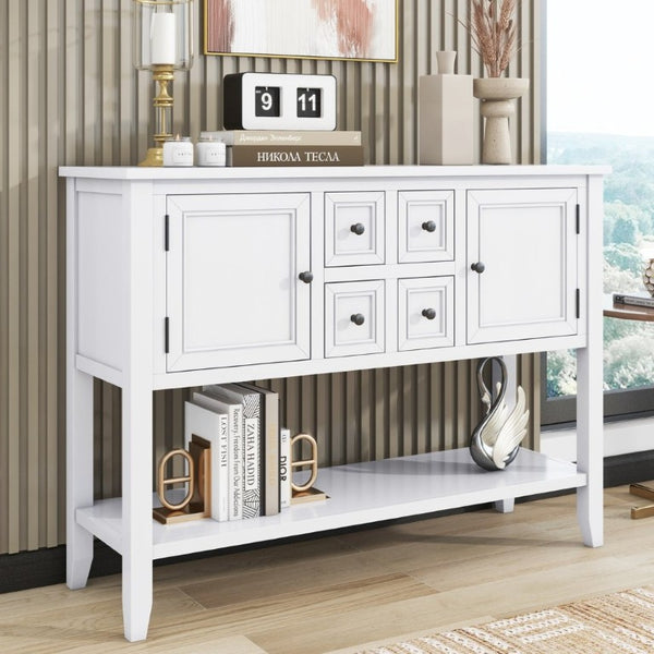 English Elm Trexm Cambridge Vintage Pine Console Table Four Drawers Open Shelf Entryway Storage White N715P415310A