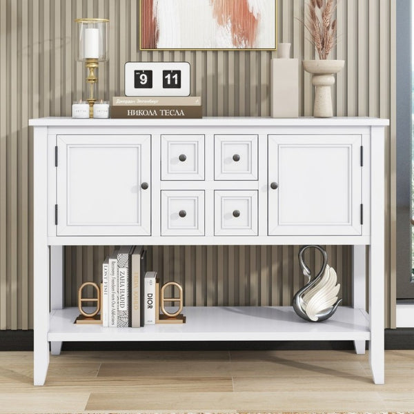 English Elm Trexm Cambridge Vintage Pine Console Table Four Drawers Open Shelf Entryway Storage White N715P415310A