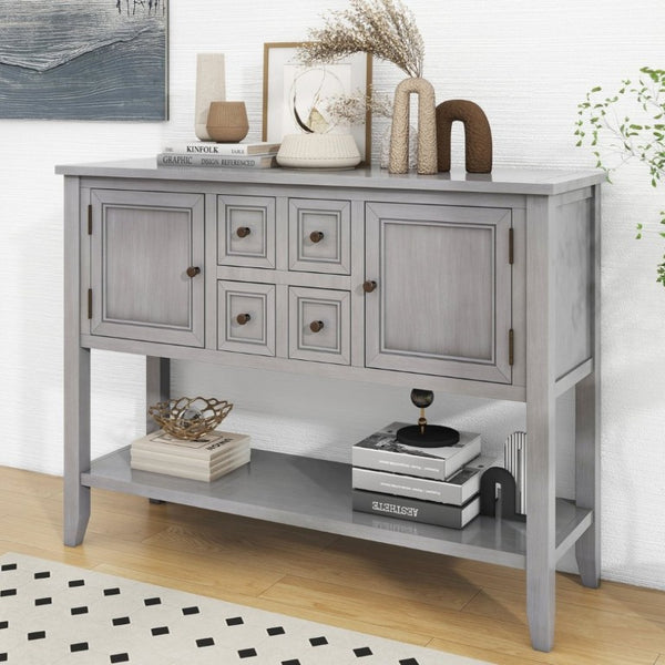 English Elm Trexm Cambridge Vintage Pine Console Table Four Drawers Open Shelf Entryway Storage Antique Gray N715P415310E