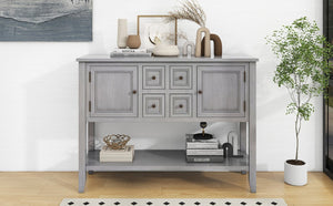 English Elm Trexm Cambridge Vintage Pine Console Table Four Drawers Open Shelf Entryway Storage Antique Gray N715P415310E