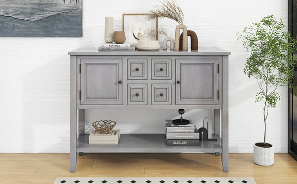 English Elm Trexm Cambridge Vintage Pine Console Table Four Drawers Open Shelf Entryway Storage Antique Gray N715P415310E