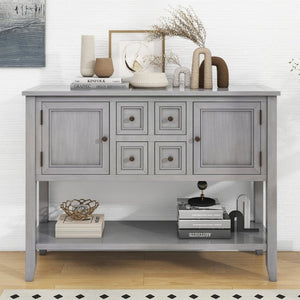 English Elm Trexm Cambridge Vintage Pine Console Table Four Drawers Open Shelf Entryway Storage Antique Gray N715P415310E