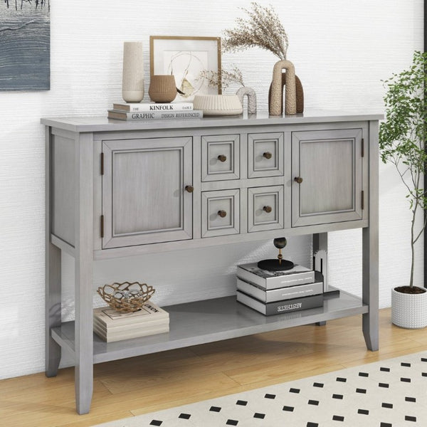 English Elm Trexm Cambridge Vintage Pine Console Table Four Drawers Open Shelf Entryway Storage Antique Gray N715P415310E