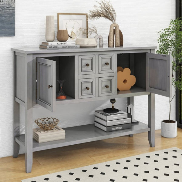 English Elm Trexm Cambridge Vintage Pine Console Table Four Drawers Open Shelf Entryway Storage Antique Gray N715P415310E