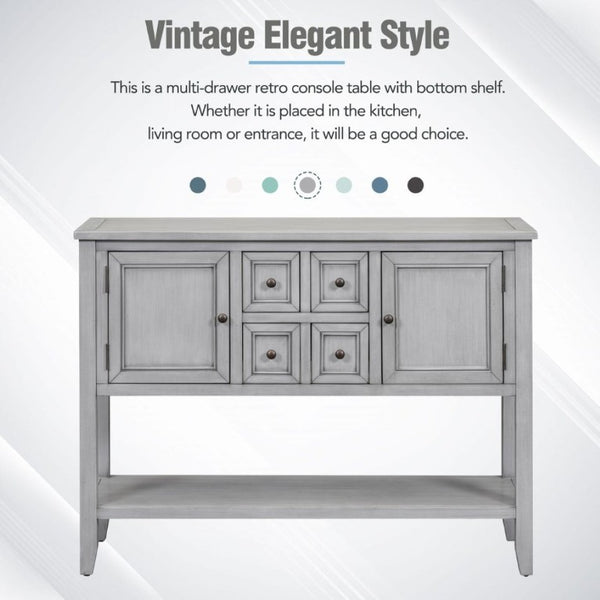 English Elm Trexm Cambridge Vintage Pine Console Table Four Drawers Open Shelf Entryway Storage Antique Gray N715P415310E