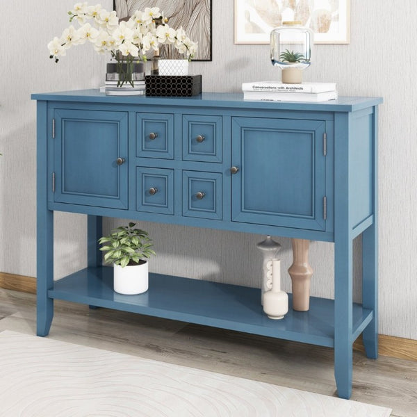 English Elm Trexm Cambridge Vintage Pine Console Table Four Drawers Open Shelf Entryway Storage Light Navy N715P415310H