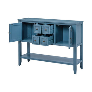 English Elm Trexm Cambridge Vintage Pine Console Table Four Drawers Open Shelf Entryway Storage Light Navy N715P415310H