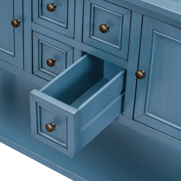 English Elm Trexm Cambridge Vintage Pine Console Table Four Drawers Open Shelf Entryway Storage Light Navy N715P415310H
