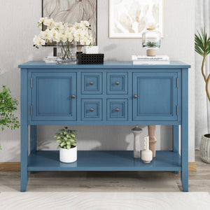 English Elm Trexm Cambridge Vintage Pine Console Table Four Drawers Open Shelf Entryway Storage Light Navy N715P415310H