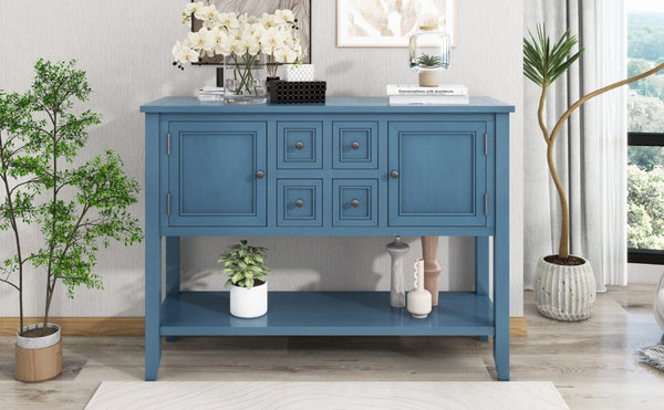 English Elm Trexm Cambridge Vintage Pine Console Table Four Drawers Open Shelf Entryway Storage Light Navy N715P415310H