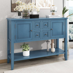 English Elm Trexm Cambridge Vintage Pine Console Table Four Drawers Open Shelf Entryway Storage Light Navy N715P415310H