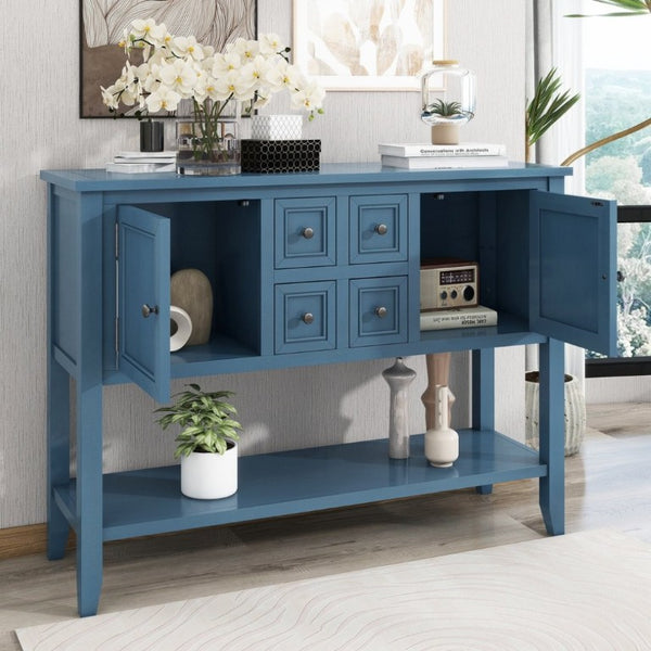 English Elm Trexm Cambridge Vintage Pine Console Table Four Drawers Open Shelf Entryway Storage Light Navy N715P415310H