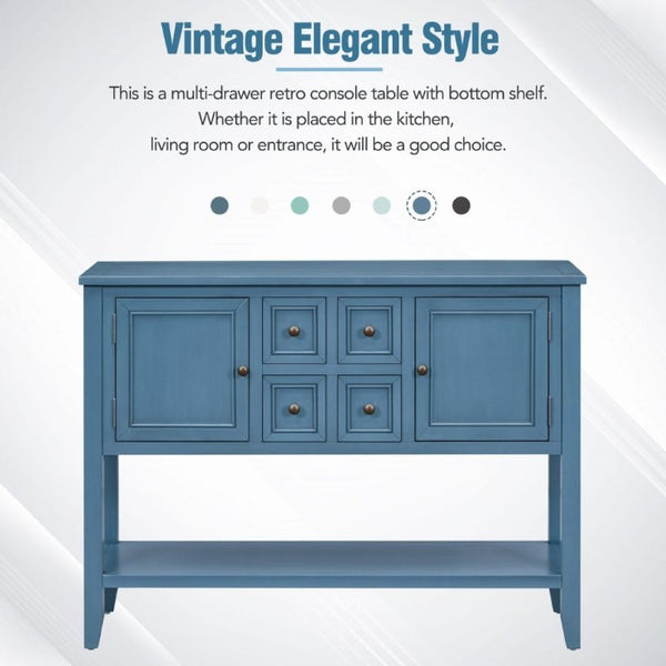 English Elm Trexm Cambridge Vintage Pine Console Table Four Drawers Open Shelf Entryway Storage Light Navy N715P415310H