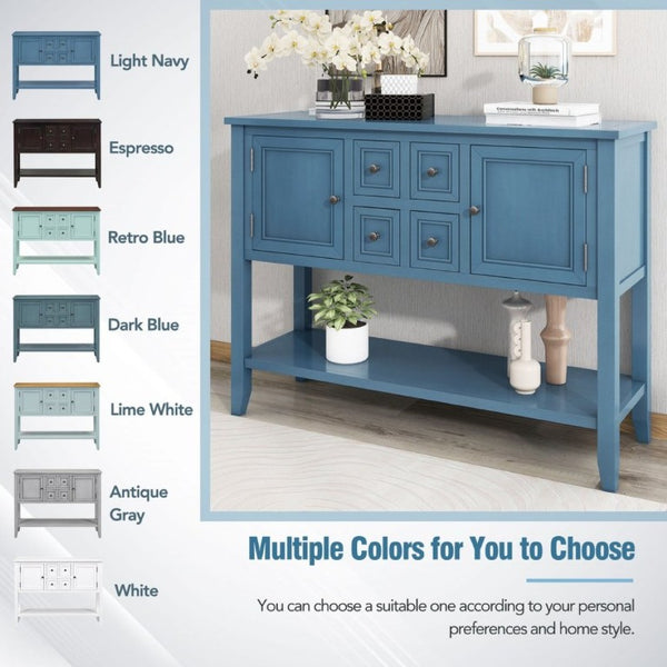 English Elm Trexm Cambridge Vintage Pine Console Table Four Drawers Open Shelf Entryway Storage Light Navy N715P415310H
