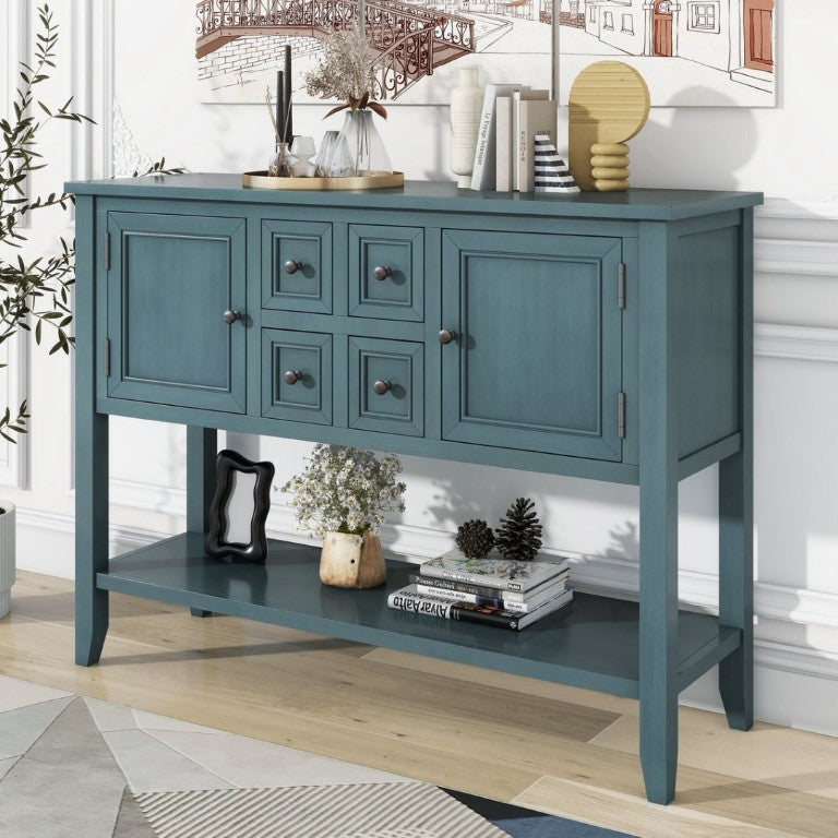 English Elm Trexm Cambridge Vintage Pine Console Table Four Drawers Open Shelf Entryway Storage Dark Blue N715P415310M