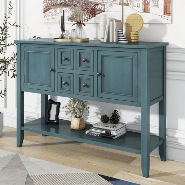 English Elm Trexm Cambridge Vintage Pine Console Table Four Drawers Open Shelf Entryway Storage Dark Blue N715P415310M