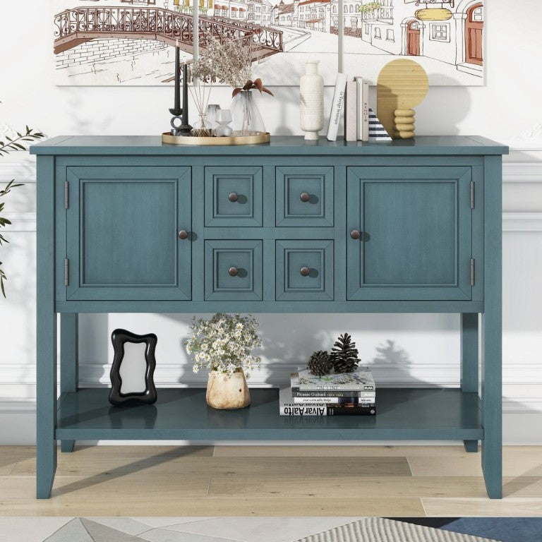 English Elm Trexm Cambridge Vintage Pine Console Table Four Drawers Open Shelf Entryway Storage Dark Blue N715P415310M