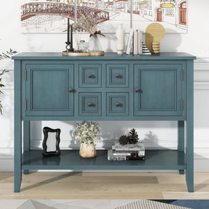 English Elm Trexm Cambridge Vintage Pine Console Table Four Drawers Open Shelf Entryway Storage Dark Blue N715P415310M