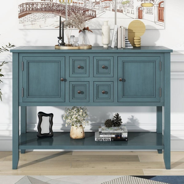 English Elm Trexm Cambridge Vintage Pine Console Table Four Drawers Open Shelf Entryway Storage Dark Blue N715P415310M