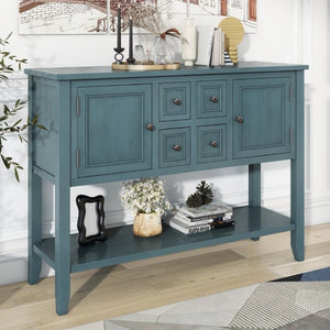 English Elm Trexm Cambridge Vintage Pine Console Table Four Drawers Open Shelf Entryway Storage Dark Blue N715P415310M