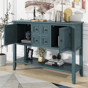 English Elm Trexm Cambridge Vintage Pine Console Table Four Drawers Open Shelf Entryway Storage Dark Blue N715P415310M