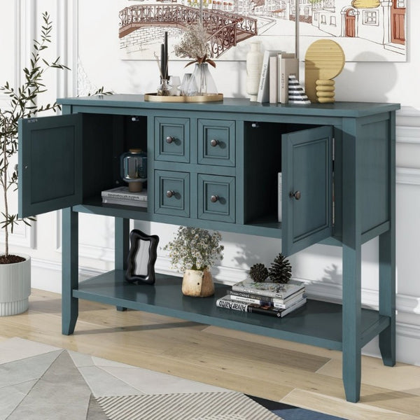 English Elm Trexm Cambridge Vintage Pine Console Table Four Drawers Open Shelf Entryway Storage Dark Blue N715P415310M