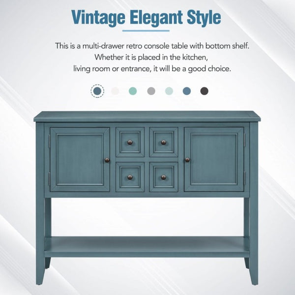 English Elm Trexm Cambridge Vintage Pine Console Table Four Drawers Open Shelf Entryway Storage Dark Blue N715P415310M