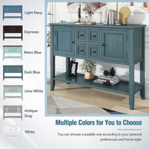 English Elm Trexm Cambridge Vintage Pine Console Table Four Drawers Open Shelf Entryway Storage Dark Blue N715P415310M