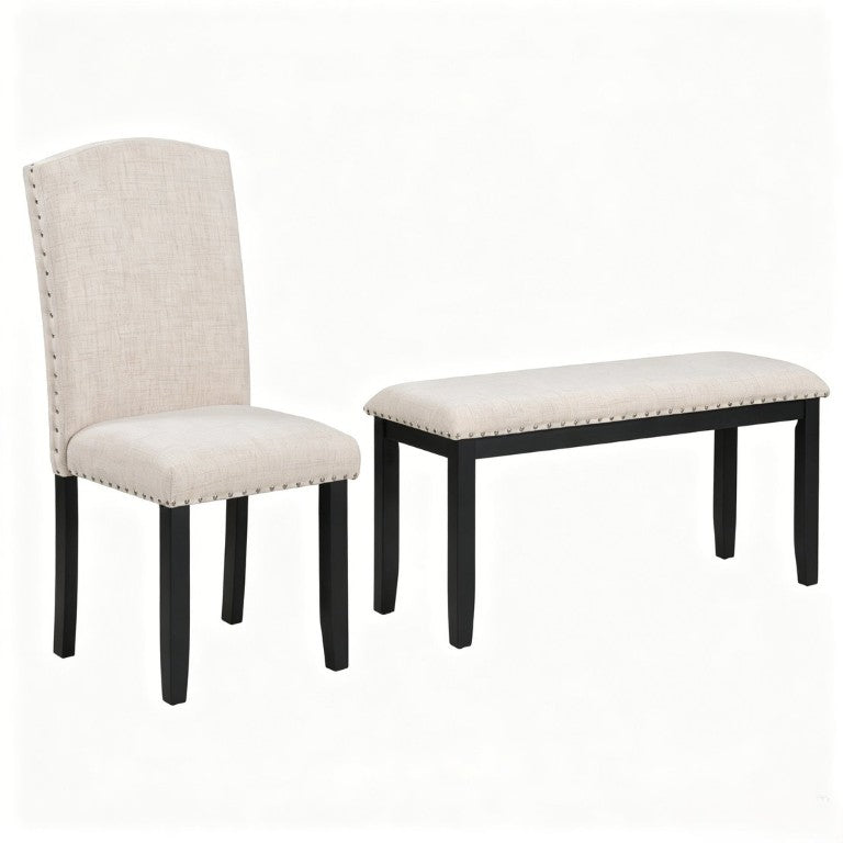 English Elm Trexm Upholstered High-Back Dining Chairs with Nailhead Trim and Linen Fabric Set Dining Table with 4 Chairs & a Bench N715P423035A