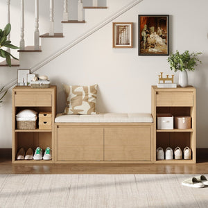 English Elm Trexm Cushioned Mudroom Bench with Flip Compartments Drawers and Open Shelving Brown N715P437150D