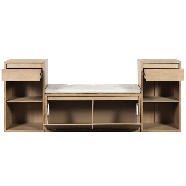 English Elm Trexm Cushioned Mudroom Bench with Flip Compartments Drawers and Open Shelving Brown N715P437150D