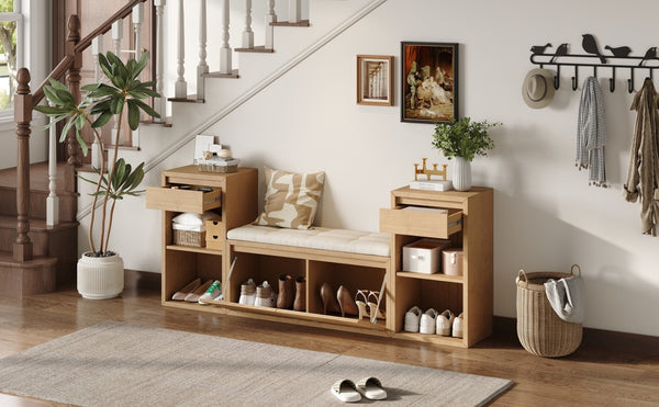 English Elm Trexm Cushioned Mudroom Bench with Flip Compartments Drawers and Open Shelving Brown N715P437150D