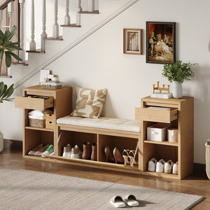 English Elm Trexm Cushioned Mudroom Bench with Flip Compartments Drawers and Open Shelving Brown N715P437150D